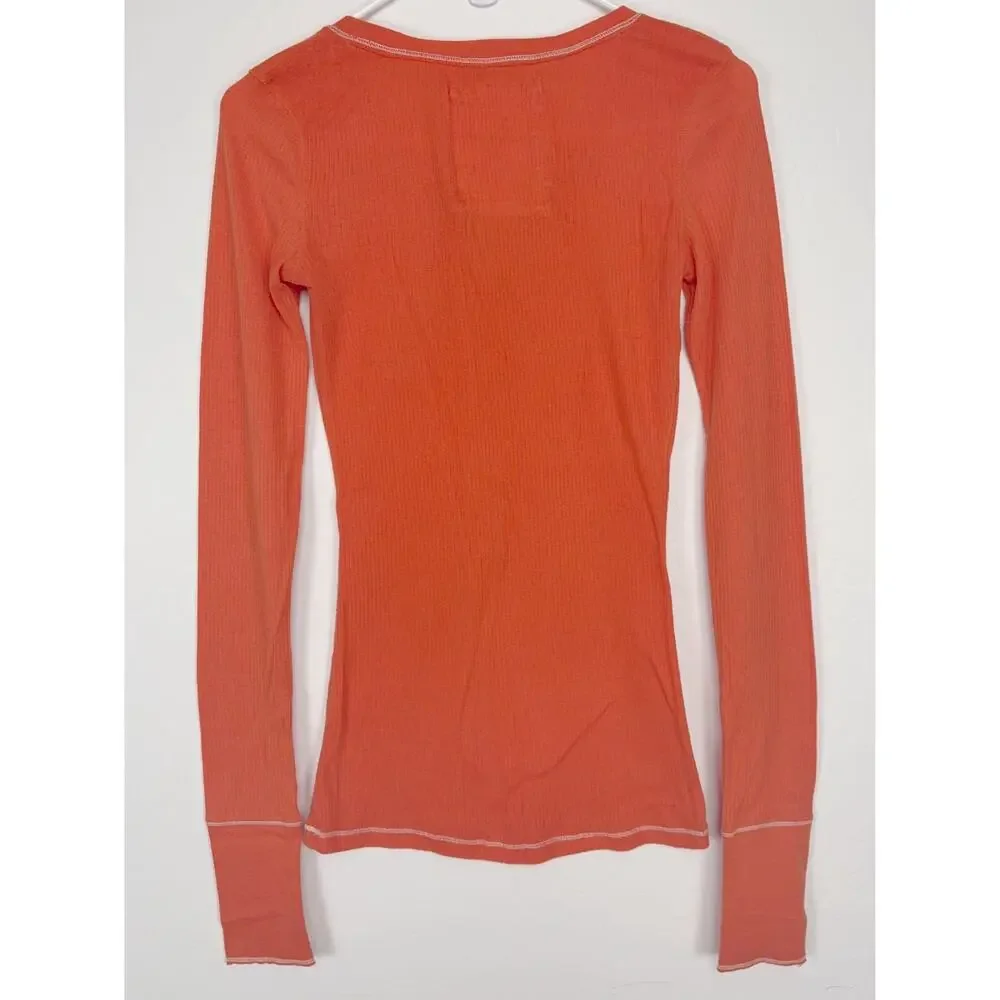 Vintage Y2K 2000s Hollister Long Sleeve Thin Henley Top in Orange Size Medium